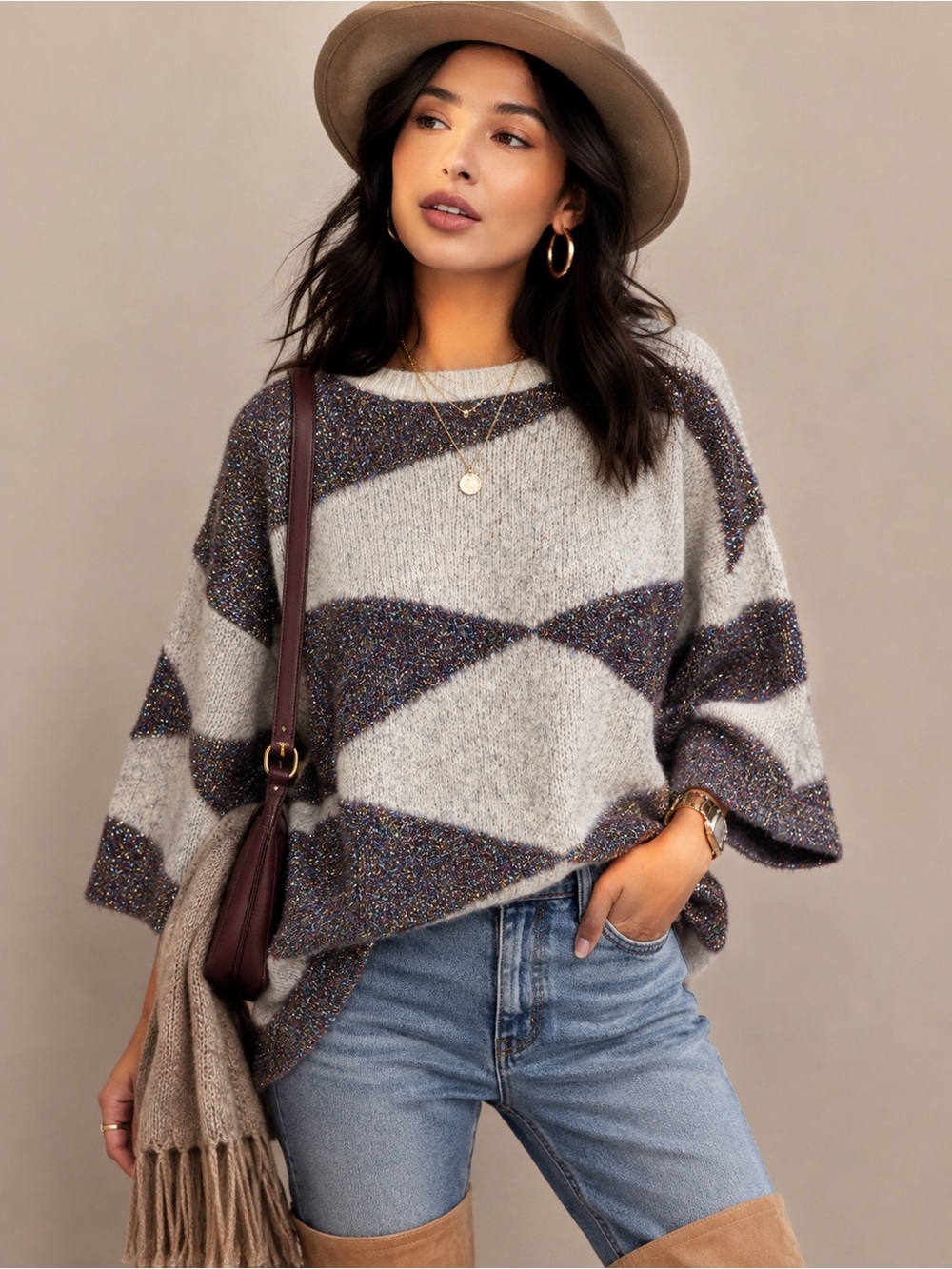 Anthropologie Moth Metallic Geometric Fuzzy Oversized Sweater Size M